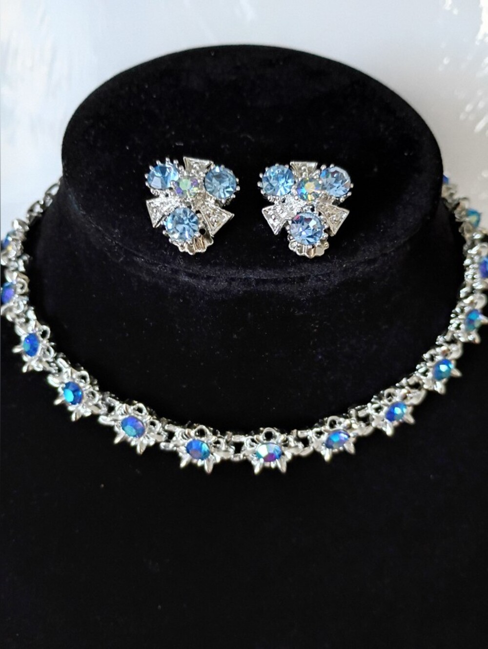 Vintage Blue Iridescent  Rhinestones Necklace & Earring Set